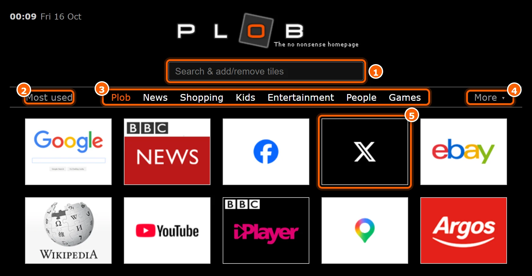 The plob homepage: the search box, the section bar with Most used and More, and a grid of tiles