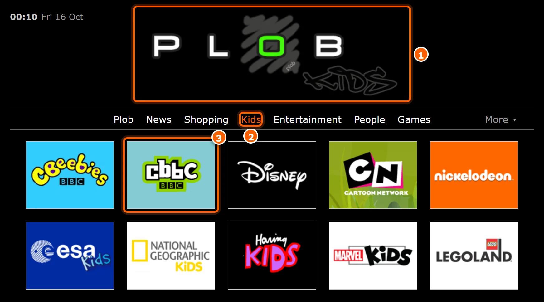 Plob Kids: its own logo and a grid of children's sites