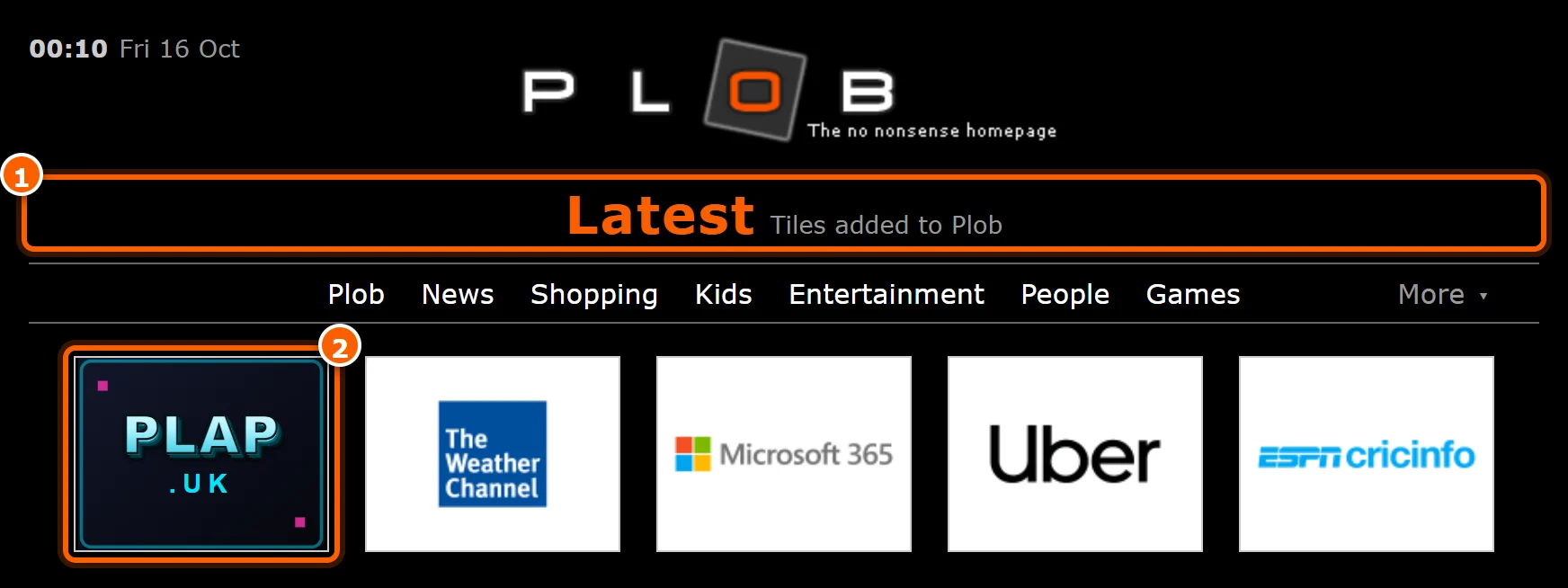 The Latest page, a grid of the newest tiles added to plob