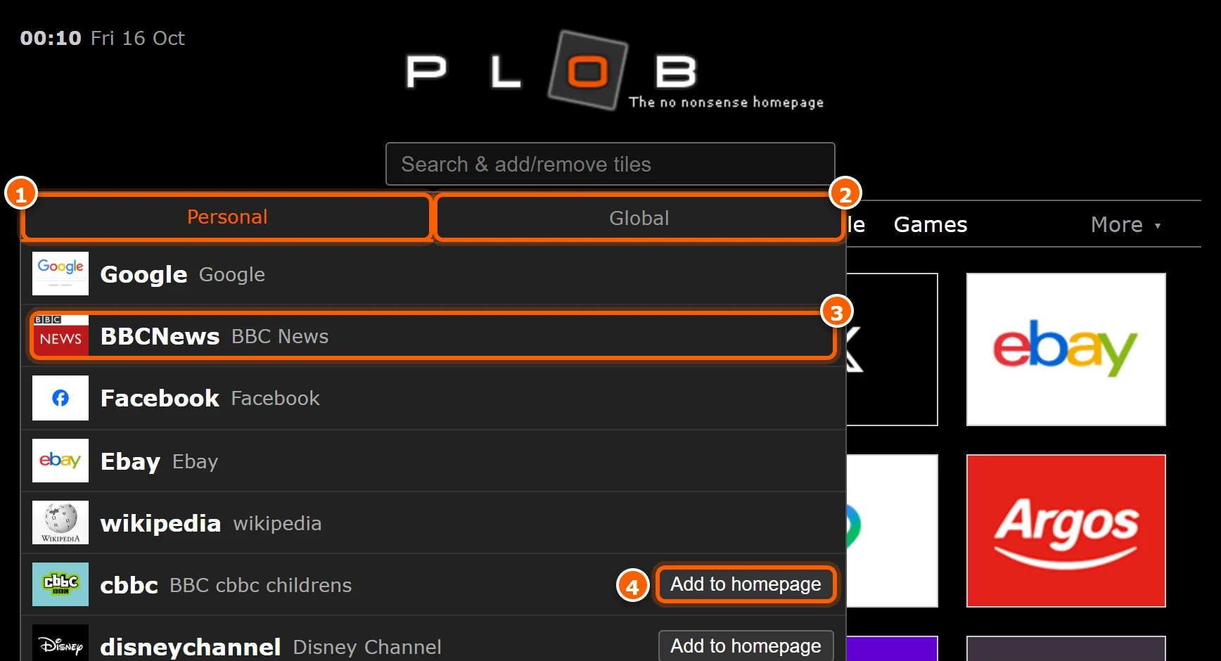 The Most used list with Personal and Global tabs and an Add to homepage button