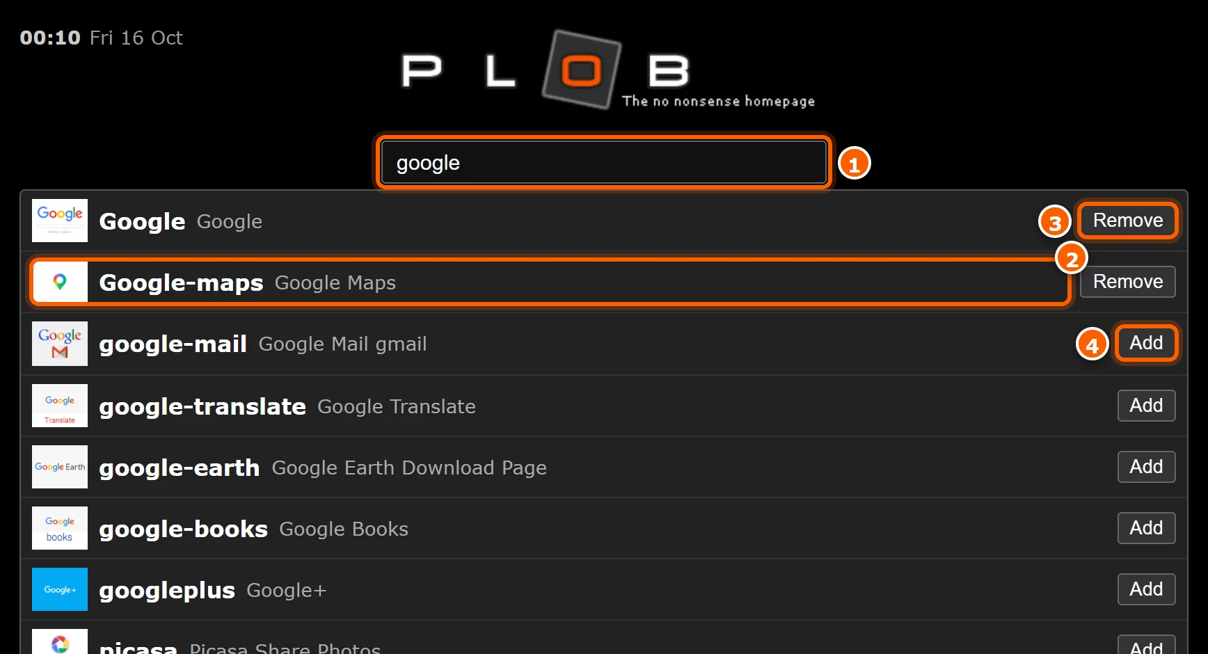 Typing google in the search box lists matching tiles, each with an Add or Remove button