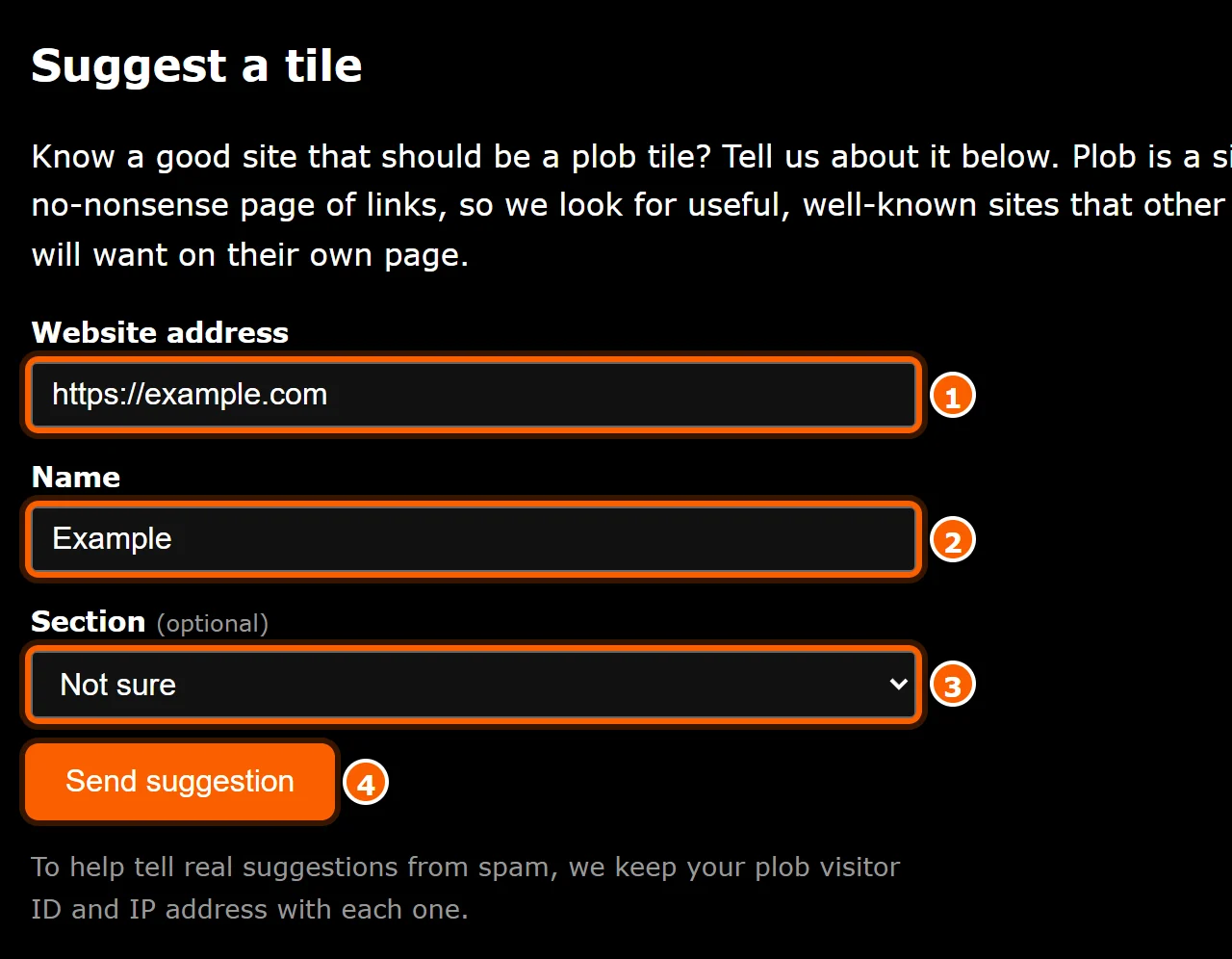 The Suggest a tile form with website address, name, section and a Send suggestion button