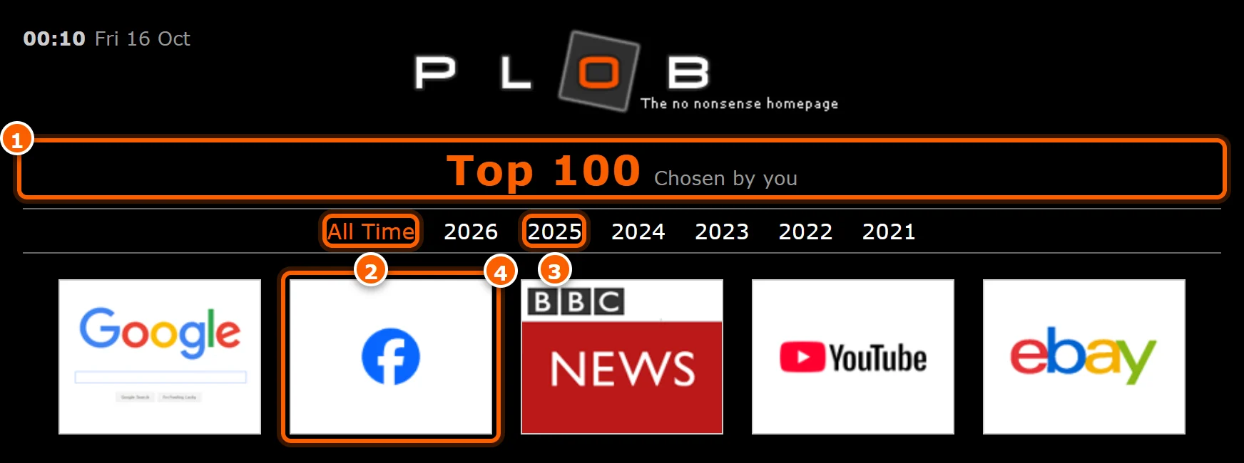 The Top 100 page with All Time and year links above a grid of tiles